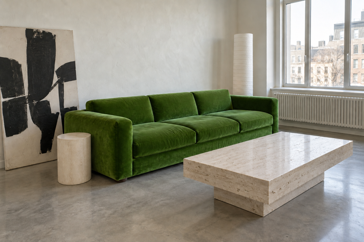 A low grass-green velvet sofa beside a travertine plinth coffee table in a white plaster living room.