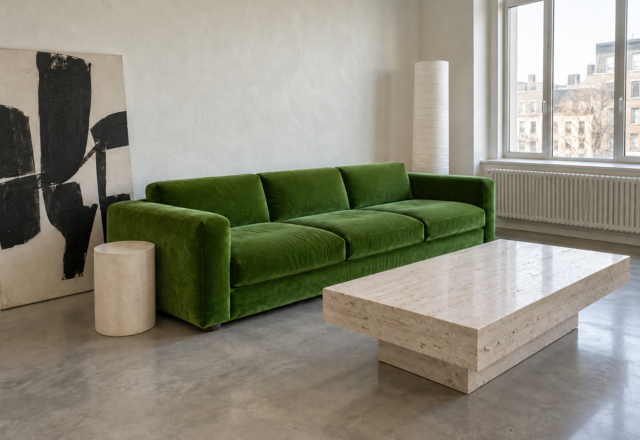 A low grass-green velvet sofa beside a travertine plinth coffee table in a white plaster living room.
