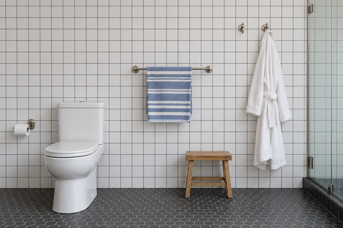 A bathroom wall of white square tile with a paper holder, a towel bar, and robe hooks mounted at different heights.