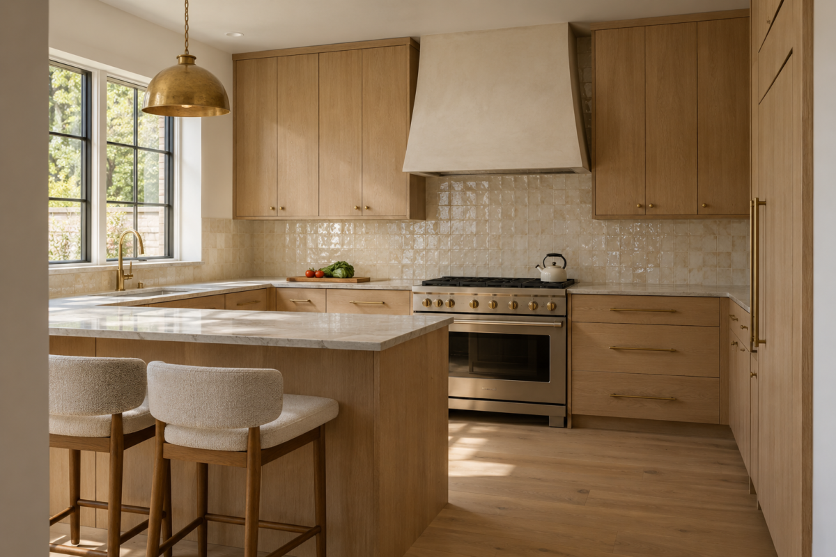 A warm kitchen with a handmade ivory zellige backsplash, white oak cabinetry, and a sculptural brass pendant over a small peninsula.