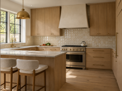 A warm kitchen with a handmade ivory zellige backsplash, white oak cabinetry, and a sculptural brass pendant over a small peninsula.