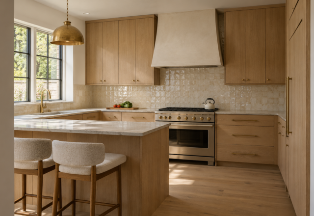 A warm kitchen with a handmade ivory zellige backsplash, white oak cabinetry, and a sculptural brass pendant over a small peninsula.