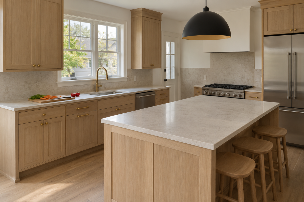 A warm white oak kitchen with brass hardware and a honed stone counter, a cutting board mid-use in the foreground.