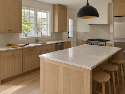 A warm white oak kitchen with brass hardware and a honed stone counter, a cutting board mid-use in the foreground.