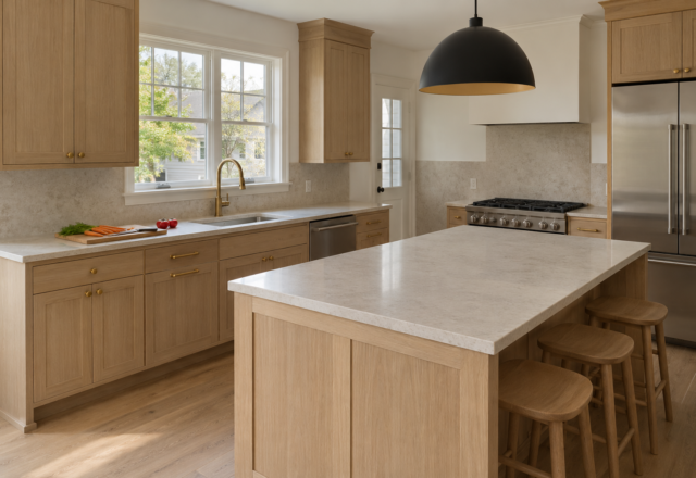 A warm white oak kitchen with brass hardware and a honed stone counter, a cutting board mid-use in the foreground.