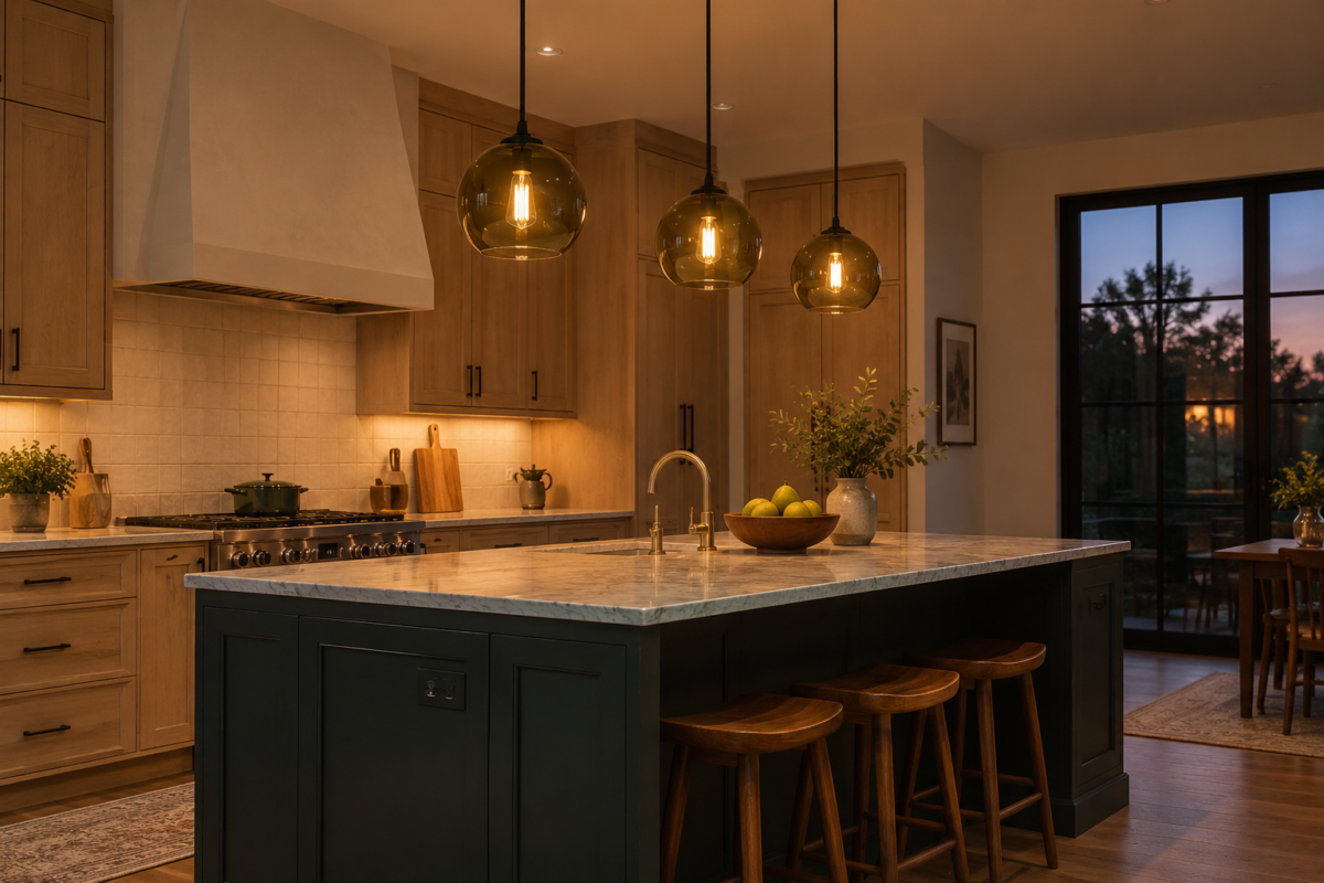 Colored-glass pendant lights hung at a consistent height above a navy-blue kitchen island, providing warm evening light over the counter.