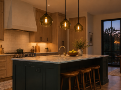 Colored-glass pendant lights hung at a consistent height above a navy-blue kitchen island, providing warm evening light over the counter.