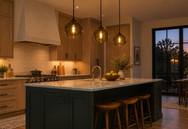 Colored-glass pendant lights hung at a consistent height above a navy-blue kitchen island, providing warm evening light over the counter.