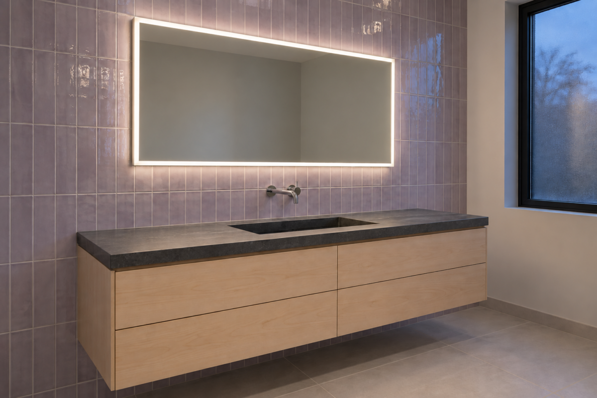 A frameless LED mirror casting an even band of light over a maple vanity against glossy lilac tile.