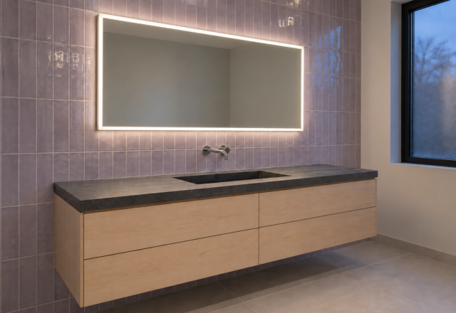 A frameless LED mirror casting an even band of light over a maple vanity against glossy lilac tile.