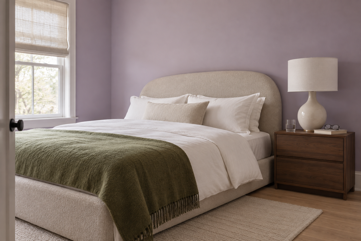 A cream stoneware lamp with a linen drum shade on a walnut nightstand beside a bed with a rounded headboard, against lilac walls.