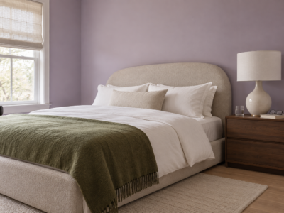 A cream stoneware lamp with a linen drum shade on a walnut nightstand beside a bed with a rounded headboard, against lilac walls.