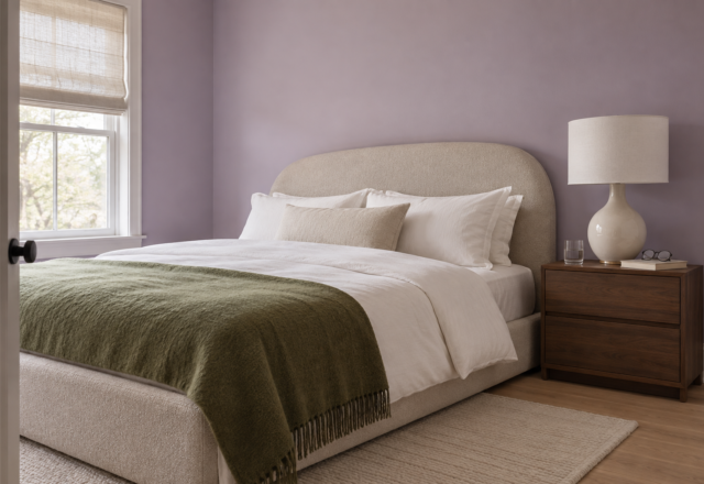 A cream stoneware lamp with a linen drum shade on a walnut nightstand beside a bed with a rounded headboard, against lilac walls.