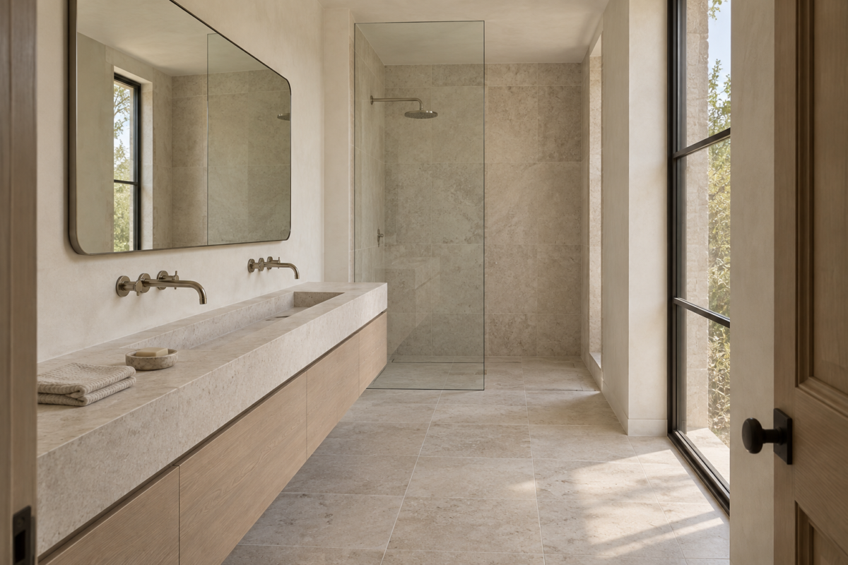 A bathroom with warm white plaster walls, a long limestone vanity with a trough sink, and a glass shower panel at the far end.