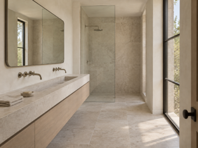 A bathroom with warm white plaster walls, a long limestone vanity with a trough sink, and a glass shower panel at the far end.