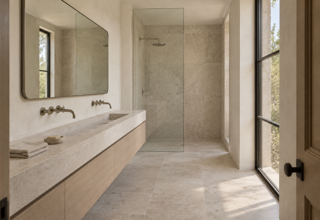A bathroom with warm white plaster walls, a long limestone vanity with a trough sink, and a glass shower panel at the far end.