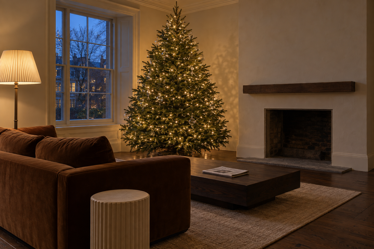 A Christmas tree lit evenly with warm white lights in a living room with a tobacco velvet sofa at dusk.