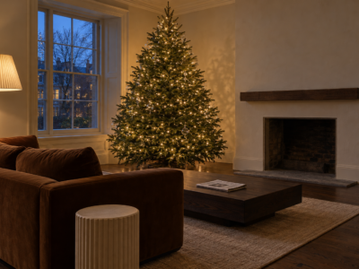 A Christmas tree lit evenly with warm white lights in a living room with a tobacco velvet sofa at dusk.