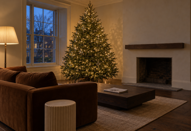 A Christmas tree lit evenly with warm white lights in a living room with a tobacco velvet sofa at dusk.
