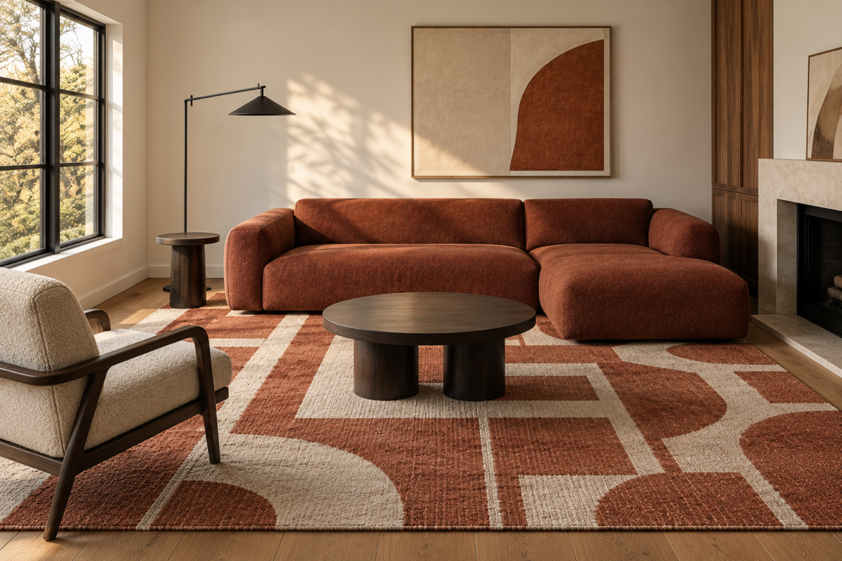 A bold graphic-patterned area rug extending under a contemporary sofa and chair, anchoring the living room's seating arrangement.