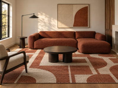 A bold graphic-patterned area rug extending under a contemporary sofa and chair, anchoring the living room's seating arrangement.