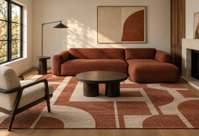 A bold graphic-patterned area rug extending under a contemporary sofa and chair, anchoring the living room's seating arrangement.