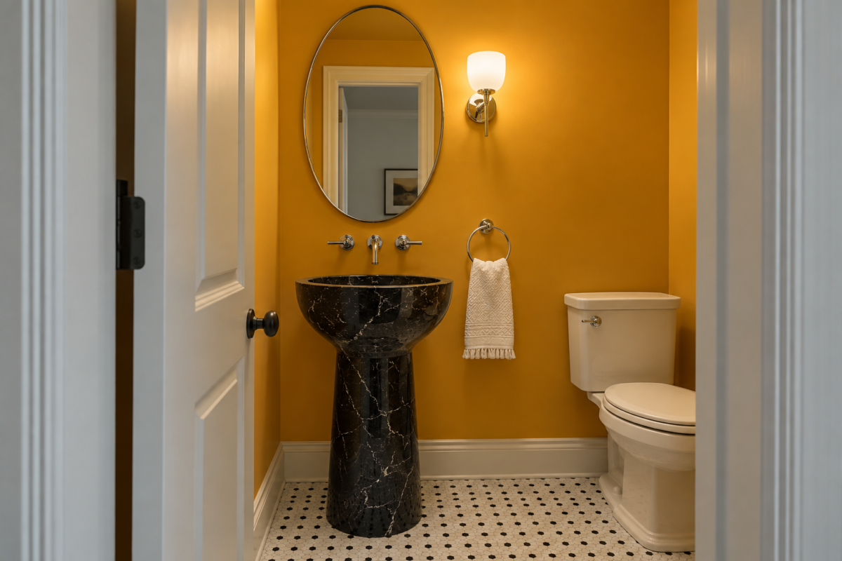 A small powder room with marigold walls and ceiling, a black marble pedestal sink, and an oval mirror, seen through the open door.