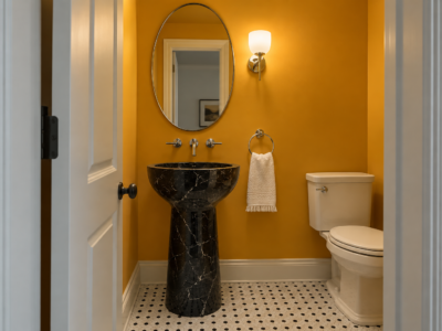 A small powder room with marigold walls and ceiling, a black marble pedestal sink, and an oval mirror, seen through the open door.