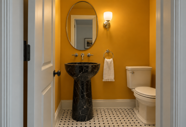 A small powder room with marigold walls and ceiling, a black marble pedestal sink, and an oval mirror, seen through the open door.