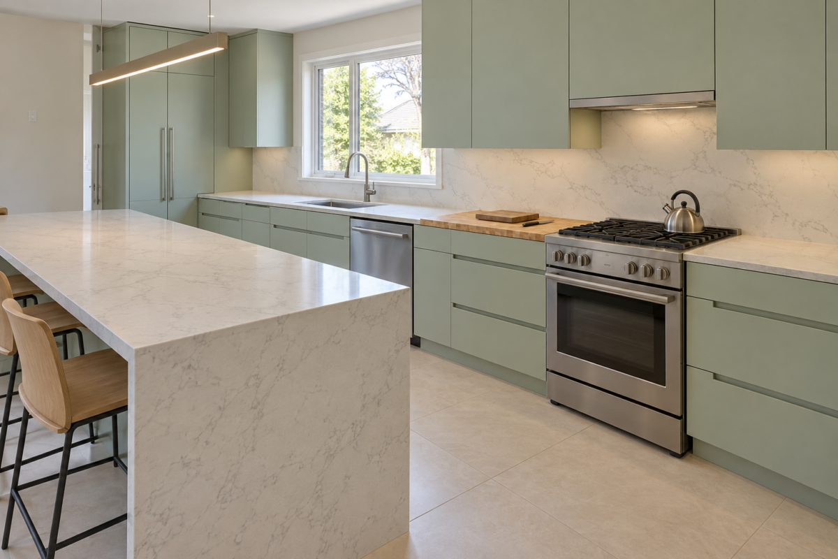 A kitchen with pale mint cabinets, a sink, a maple prep block, and a stainless range in one run.