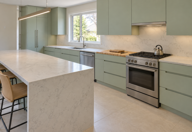 A kitchen with pale mint cabinets, a sink, a maple prep block, and a stainless range in one run.