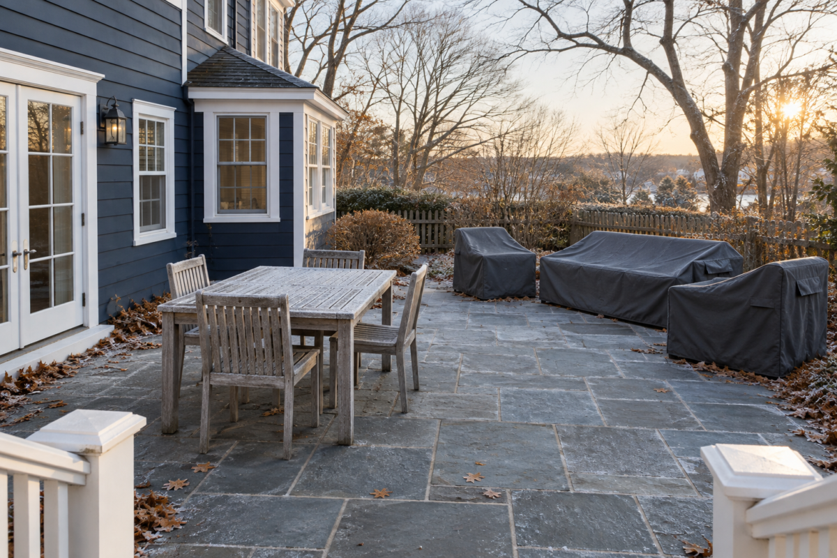 A patio beside a navy clapboard house on a frosty morning, with a bare teak dining set and a sofa set under fitted covers.