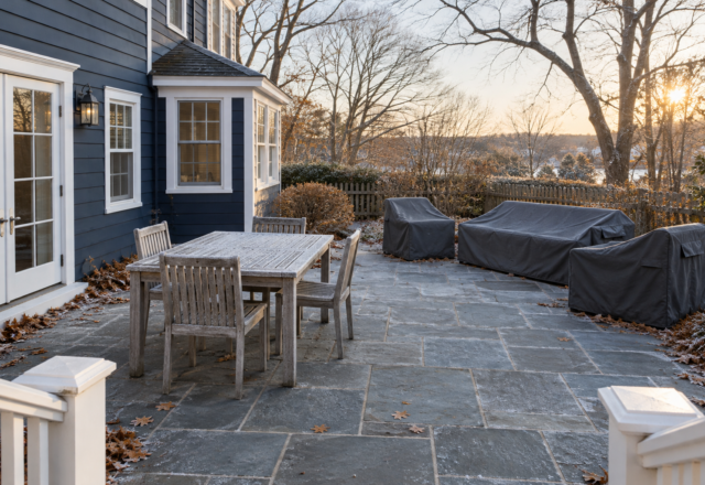 A patio beside a navy clapboard house on a frosty morning, with a bare teak dining set and a sofa set under fitted covers.
