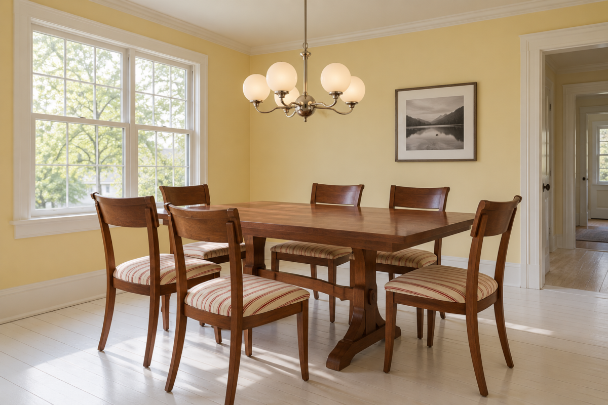 A polished nickel chandelier with six opal globes hung low over a cherry dining table in a room with butter yellow walls.