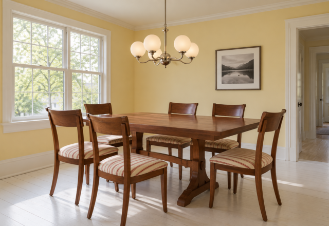 A polished nickel chandelier with six opal globes hung low over a cherry dining table in a room with butter yellow walls.