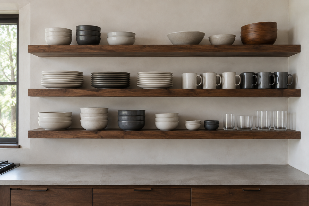Black walnut open shelving holding real, slightly unevenly stacked everyday dishware.