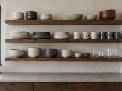 Black walnut open shelving holding real, slightly unevenly stacked everyday dishware.
