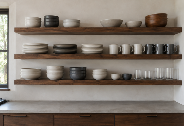 Black walnut open shelving holding real, slightly unevenly stacked everyday dishware.