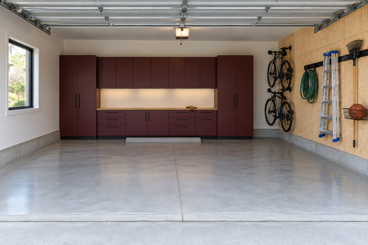 A two-car garage with oxblood steel cabinets on the back wall, birch wall panels with tools, and a clear concrete floor.