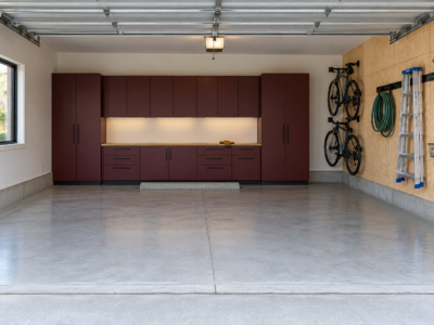 A two-car garage with oxblood steel cabinets on the back wall, birch wall panels with tools, and a clear concrete floor.