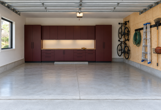 A two-car garage with oxblood steel cabinets on the back wall, birch wall panels with tools, and a clear concrete floor.