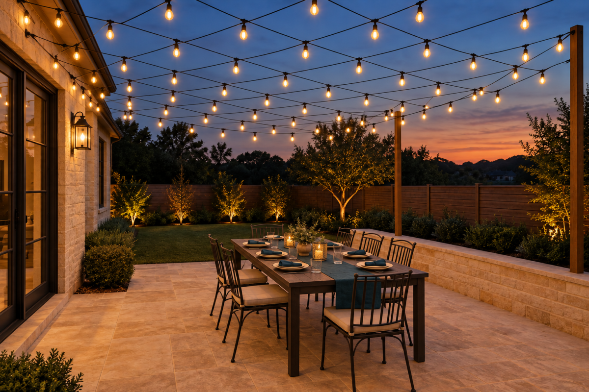 A long outdoor dining table set under a dense, evenly spaced grid of warm string lights at dusk.