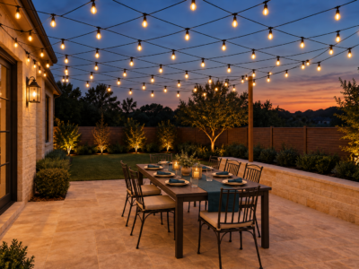 A long outdoor dining table set under a dense, evenly spaced grid of warm string lights at dusk.