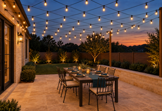 A long outdoor dining table set under a dense, evenly spaced grid of warm string lights at dusk.