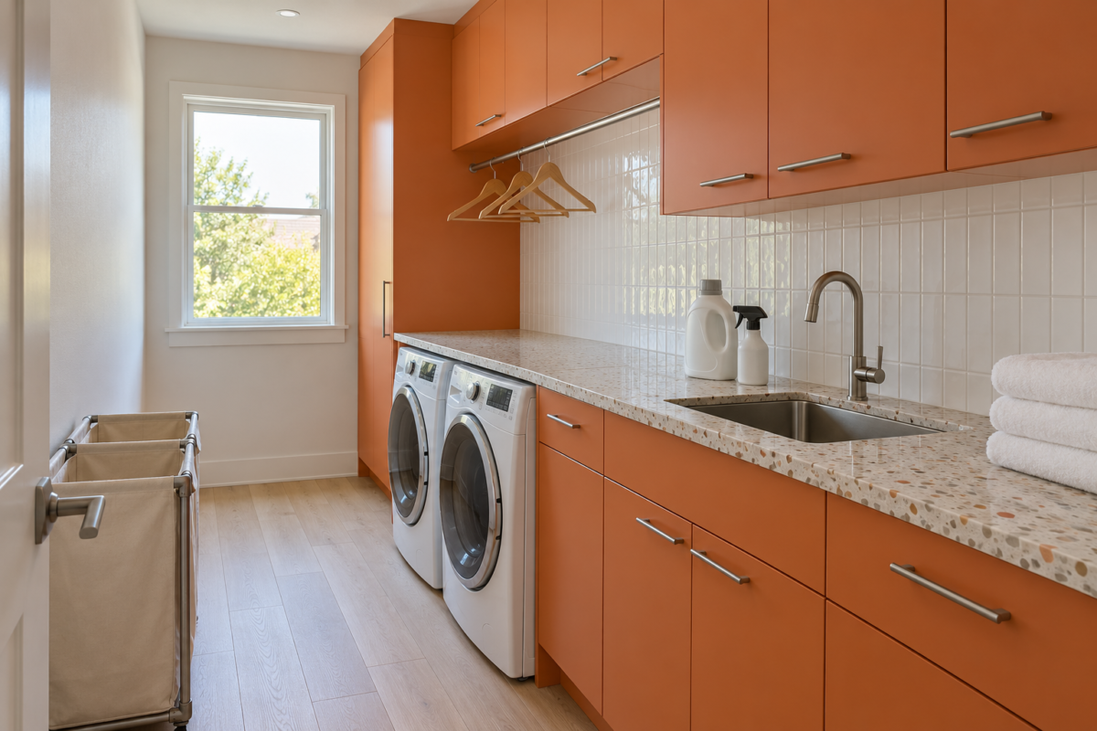 A laundry room with persimmon cabinets, front-loading machines under a terrazzo counter, and a hanging rail above.