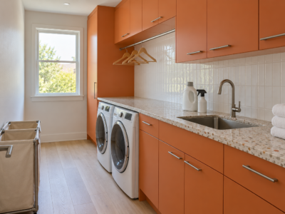 A laundry room with persimmon cabinets, front-loading machines under a terrazzo counter, and a hanging rail above.