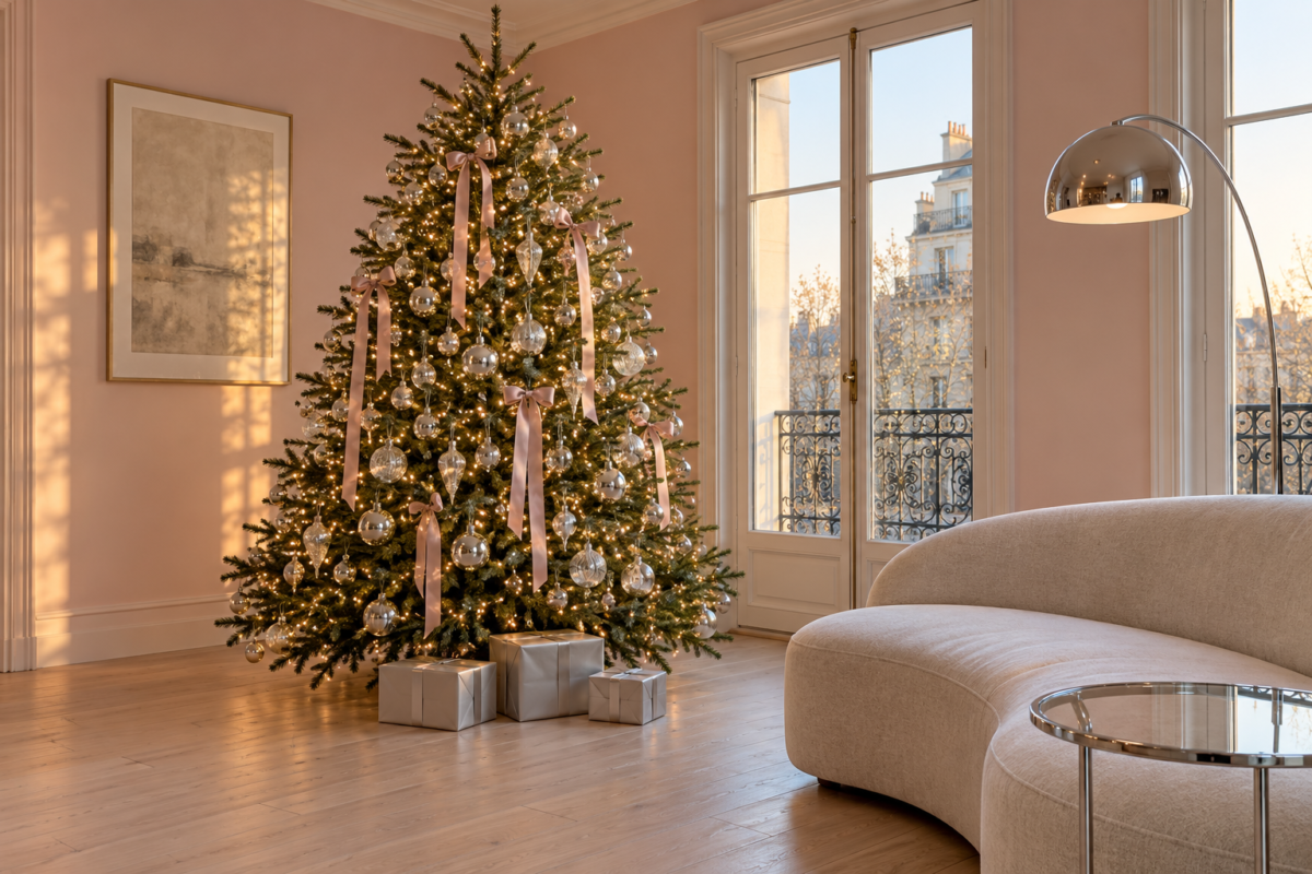 A Christmas tree dressed in silver and clear glass ornaments with pale pink ribbon in a living room with blush pink walls.