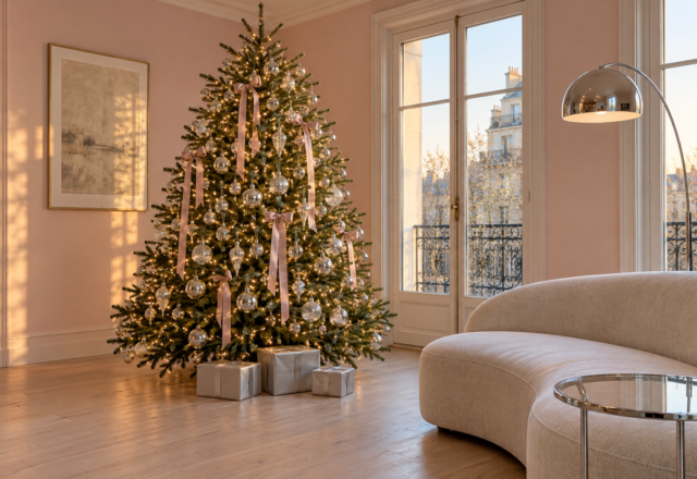 A Christmas tree dressed in silver and clear glass ornaments with pale pink ribbon in a living room with blush pink walls.