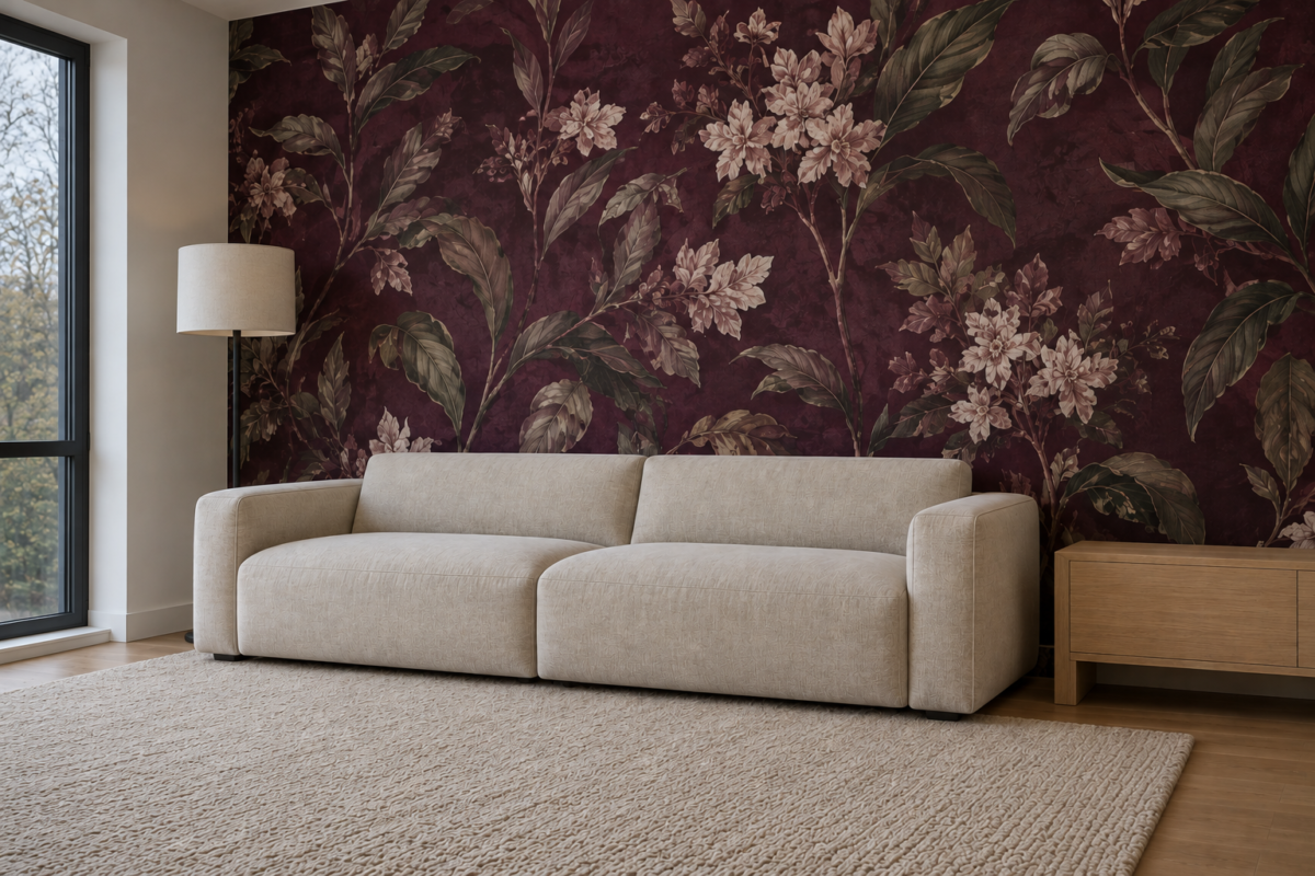 A living room accent wall covered in deep plum botanical peel-and-stick wallpaper behind a linen sofa.