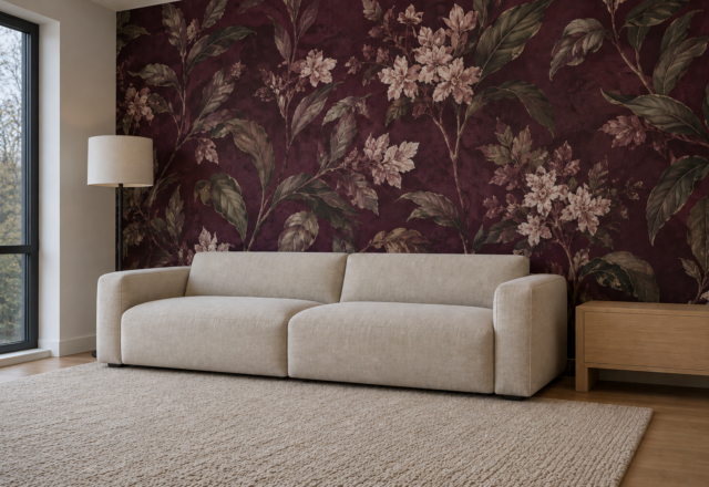 A living room accent wall covered in deep plum botanical peel-and-stick wallpaper behind a linen sofa.